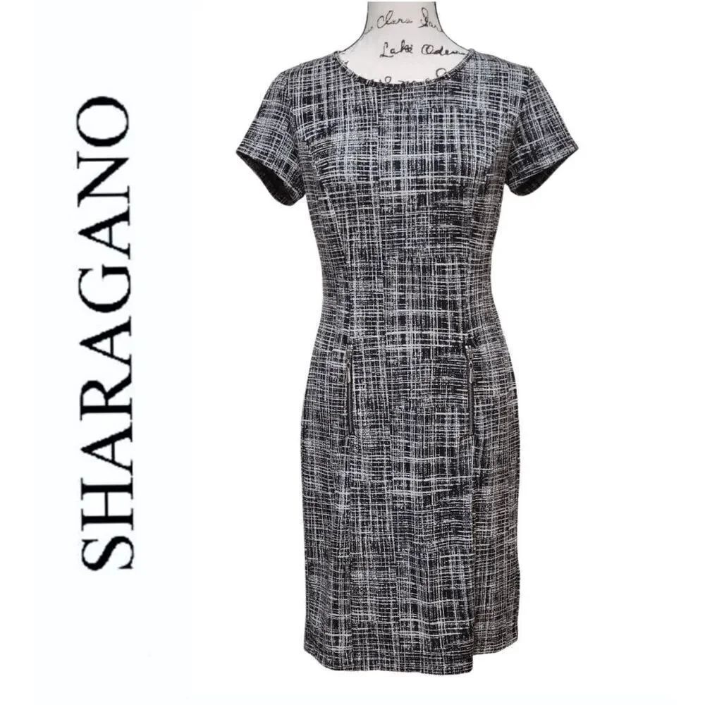 SHARAGANO Black and White Grid Print Zipper Decor Shift Office Dress SIZE 4
